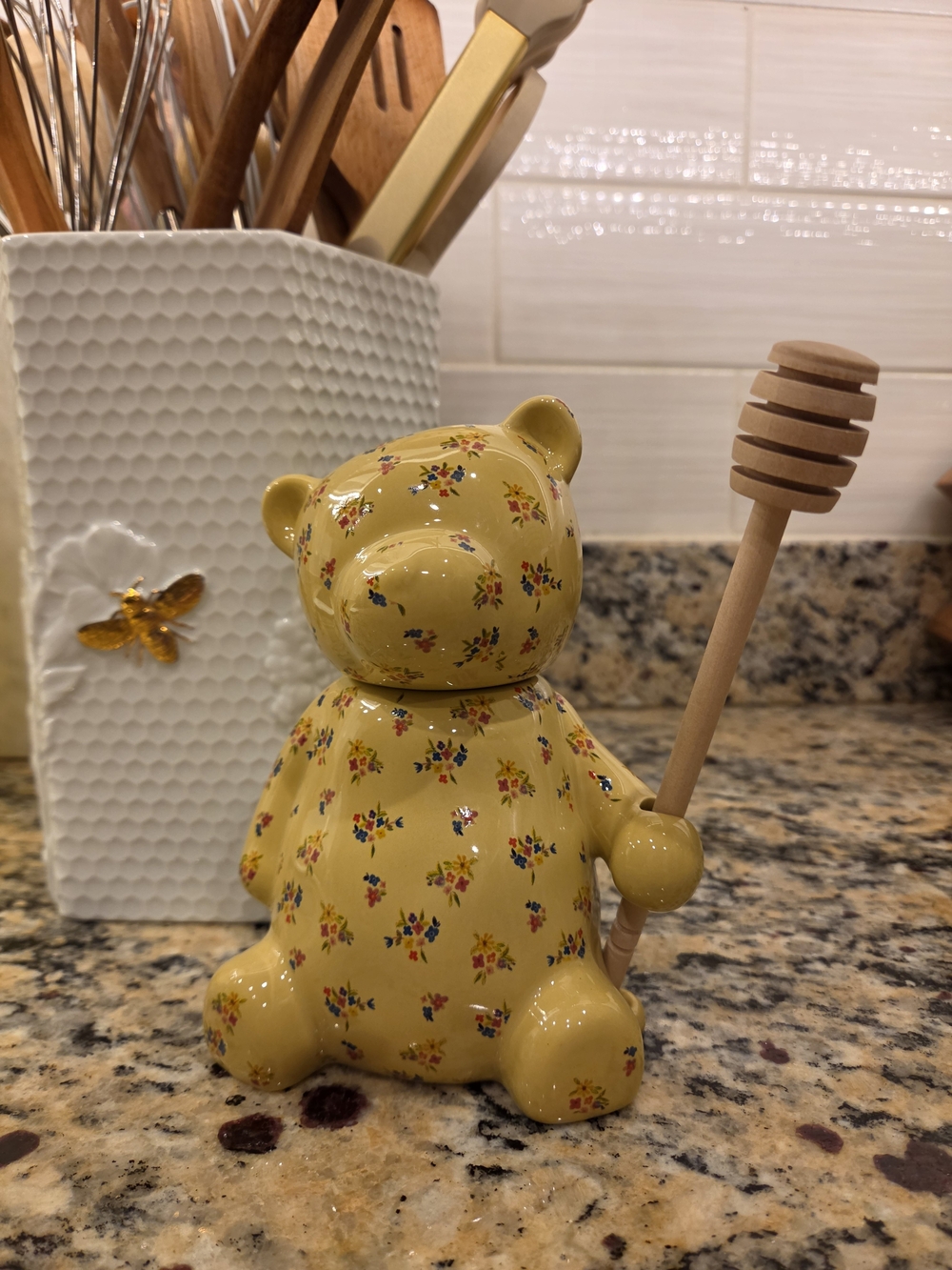 Anthropologie Yellow Floral Bear Honey Jar with Wooden Dipper